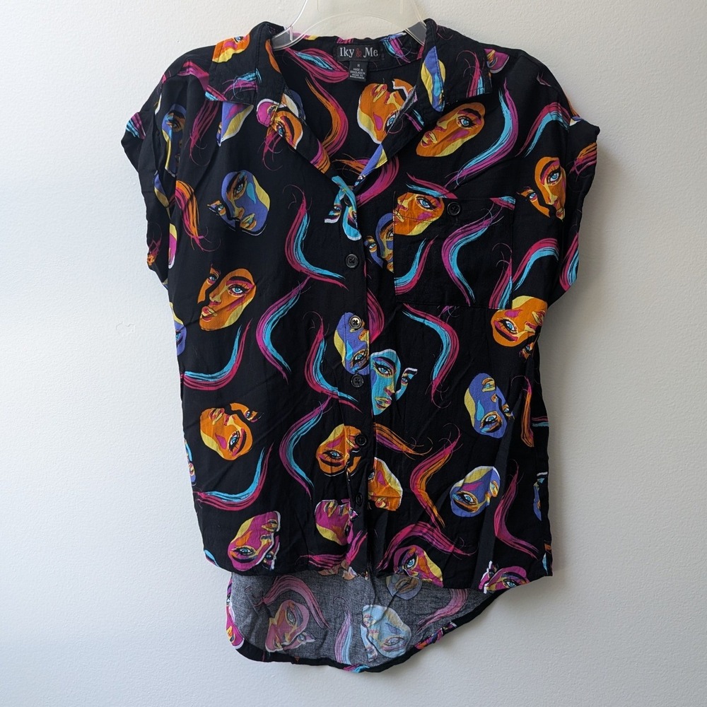 Vtg Y2K Button Up Shirt Black Colorful Face Graphic Print Sz M Artsy Whimsigoth